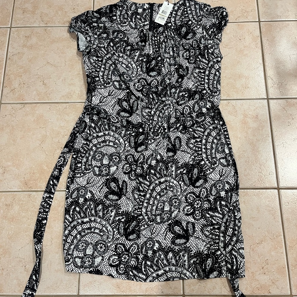 Calvin Klein Black and White Sheath Dress with Flutter Sleeves